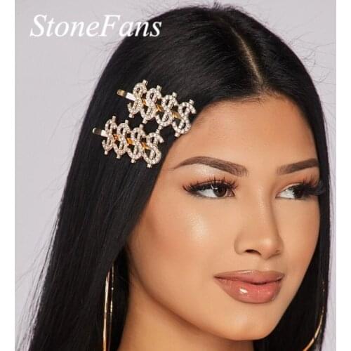 Stonefans Unique Dollar Money Rhinestone Hair Clip Letters Barrette Crystal Bride Weedding Hair Jewelry Accessories for Women