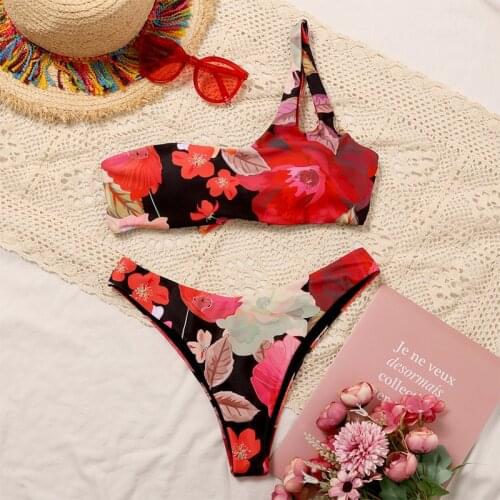 MYTENG Vintage Flower Print Bikini Set Sexy One Shoulder Bathing Suit Swimwear Women Beachwear Summer Push Up Swimsuit Biqiuni