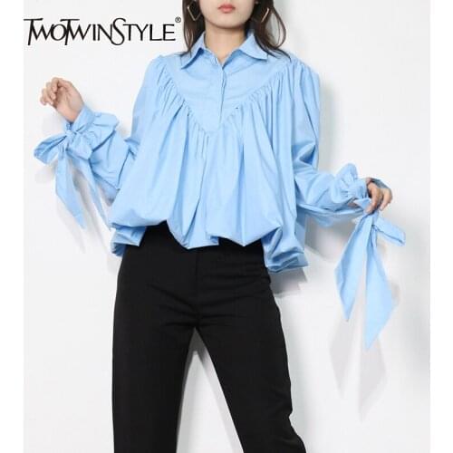 TWOTWINSTYLE Loose Frill Trim Shirt For Women Lapel Long Sleeve Casual Lace Up Bow Blouse Female Fashion New Clothing Autumn