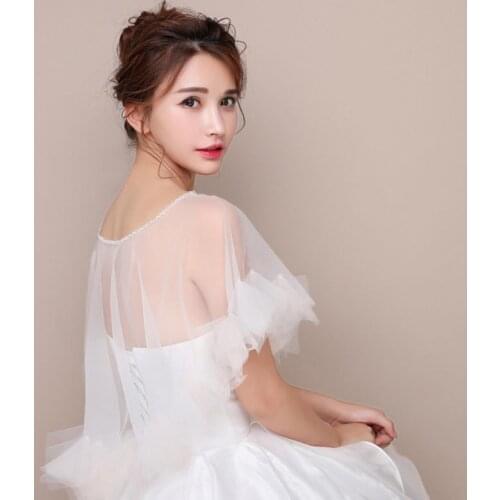 Womens Wedding Cape Sheer Tulle Ruffles Trim Bridal Capelet Bolero 1920S Ladies Pullover Crew Neck Shrug Wrap for Dress Cover Up