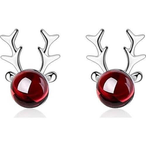 SHQIYAYI Antler Stud Earrings For Women Red Stone 925 Sterling Silver Fashion Xmas Jewelry Party Gift 672