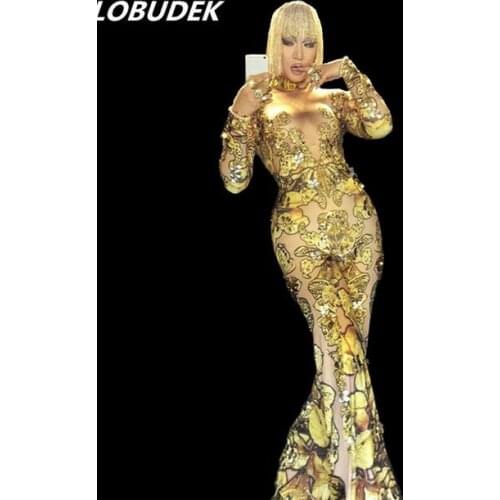 Gold Female DJ JAZZ Rock dance performance Clothes Sexy False hole Denim jumpsuit sparkly Crystals pole dancing Costume