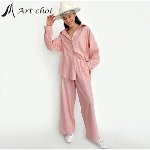 2021 Spring Autumn Two Piece Set Tracksuit Casual Outfit Suits Women Shirt Blouse Tops Wide Leg Pants Cotton Linen 2 Piece Sets