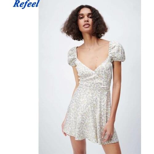 Dress Za fashion small floral V-neck Women Dress 2021 New fashion Retro Slim Belt Chic Dress Casual Street Youth Womens Dresss