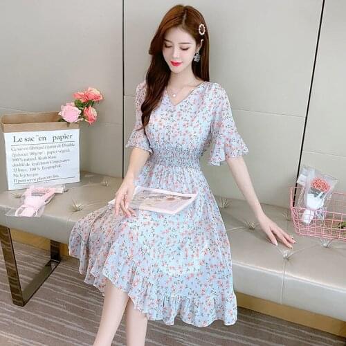 New Summer Dress Women Floral Print Chiffon Dress 2021 Casual Korean Style Slim Fit High Waist Mid Long V Neck A-line Vestidoes