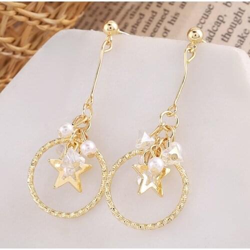 Women New Fashion Needle Crystal Pearl Temperament Wild Star Long Style Thin Face and Sweet Earrings