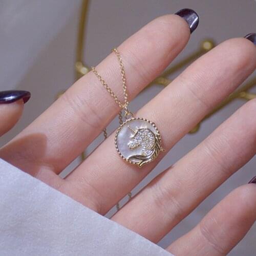 14k Gold Plated Micro-inlaid Zircon Shell Unicorn Shape Exquisite Simple Ins Necklaces for Woman Clavicle Chain Necklace