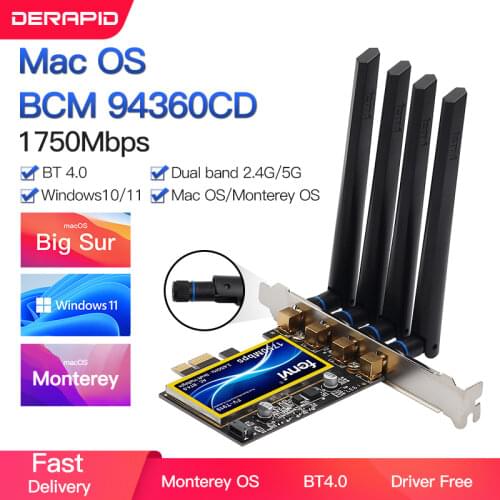 1750Mbps Fenvi T919 PCIe WiFi Card Adapter BCM94360CD For MacOS Hackintosh Bluetooth 4.0 802.11ac 2.4G/5GHz Dual Band Desktop PC