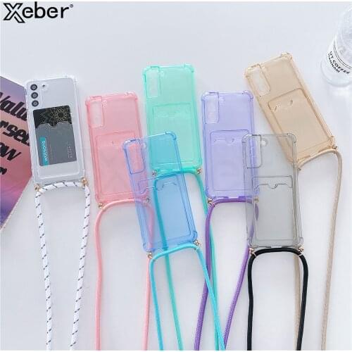 Card Slots Holder Wallet Phone Case For Samsung A52 A72 A82 A22 A32 A42 S21 S20 FE Note 20 Ultra Strap Lanyard Soft Clear Cover
