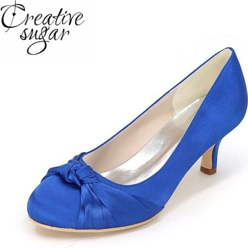 Creativesugar Lady low heel dress rounded toe heels with knot elegant woman prom cocktai shoes royal blue silver grey champagne