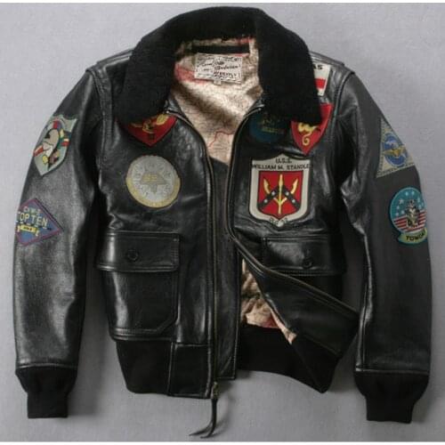 Fly fur collar genuine men brown thick sheepskin flight jacket black mens winter leather coat pilot suit