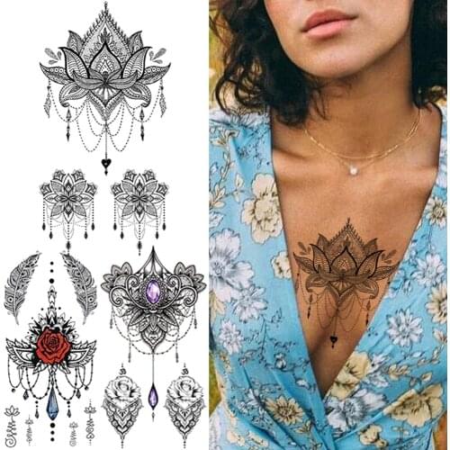 Fake Jewelry Temporary Tattoo For Women Black Feather Tattoos Sticker Sexy Gem Henna Pendants Chest Back Rose Flower Tatoo Paper