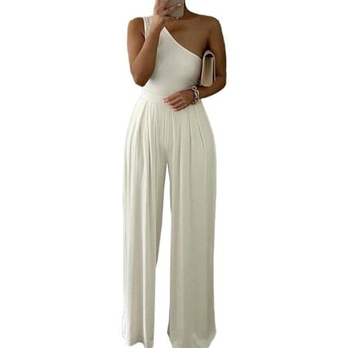 Romper Oblique Shoulder Wide Leg Female Ladies Solid Casual Office Jumpsuit Sexy Backless Night Club Party Overall Plus Size