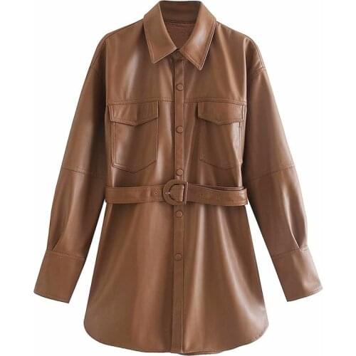 Nice Vintage Woman PU Sashes Shirt Jacket Fad Fashion Ladies Autumn Brown TurnDown Collar Outerwear Female Casual Long Coats