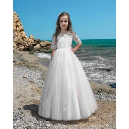 Girls First Communion Dresses Lace Cute White Iovry Flower Girl Dresses With Sleeves for Weddings Children Prom Gown