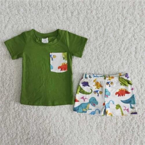 Summer Cute Baby Boys 2 Pieces Outfits Solid Short Sleeve Shirt Dinosaur Shorts Pants Boutique Wholesale Toddler Clothing Outfit