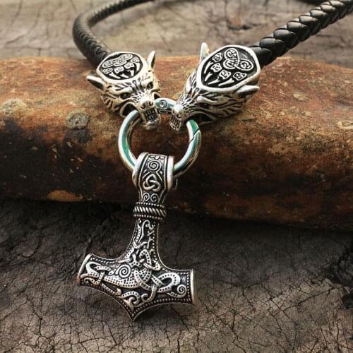 Men necklace viking wolf head with thors hammer mjolnir necklace pendant norse talisman ethnic jewelry