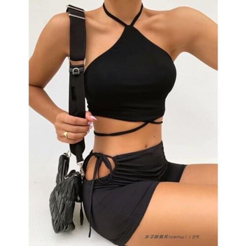 Solid color halter camisole bottoming shirt high waist drawstring shorts summer sexy two-piece suit A615