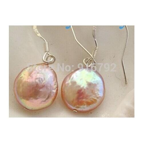 Wholesale 11mm Natural Peach Pink Rainbow Gray Coin Pearl Dangle Earrings 925 Hook *l