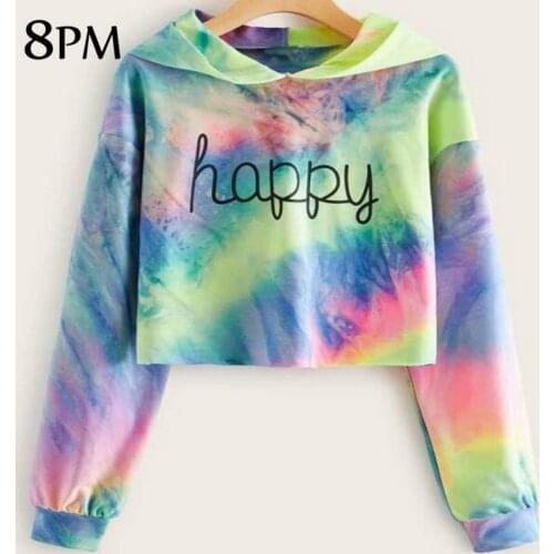 Autumn Short Hoodie Women Tie Dye Sweatshirt Pullover Hoodies Long-sleeved Pullover Loose Tops Coat Fashion Style ouc1161
