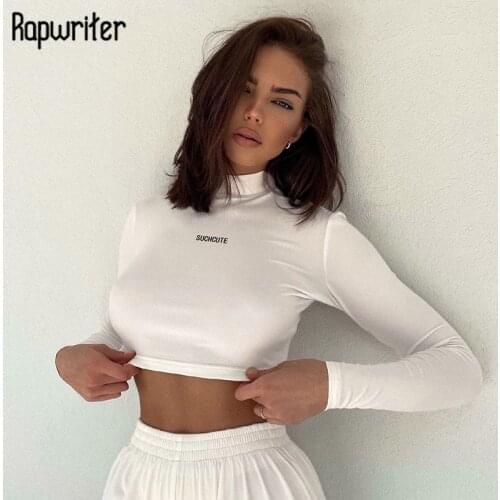 Rapwriter Casual Solid Crop Top Letter O-Neck White T-Shirt Female Skinny Tee Simple Shirt Sporting Sweatwear Women Streetwear