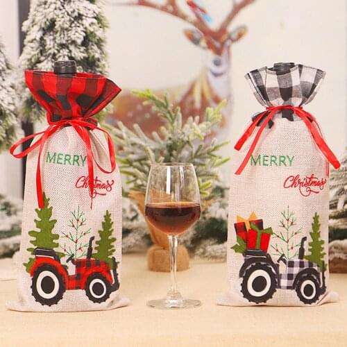 Durable Linen Colorful Merry Christmas Tree Car Plaid Wine Bottle Cover Champagne Packaging Bag Holiday Xmas Decoration
