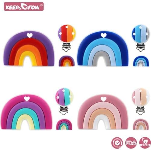 Keep&Grow Rainbow Silicone Teether BPA Free Baby Teething Beads Food Grade Pacifier Clips For Baby Nusing Necklace Toys Making