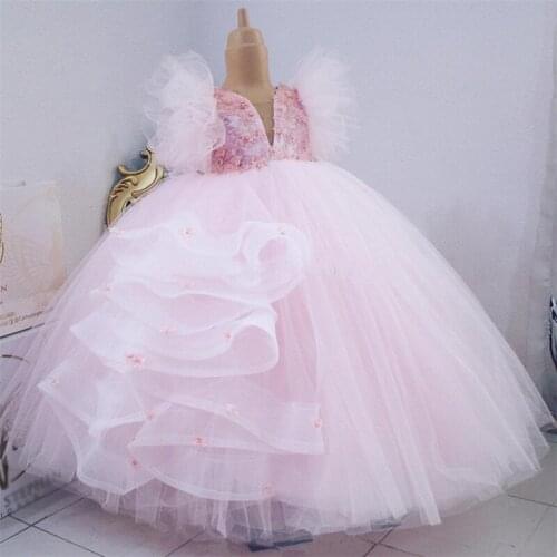 Pink Puffy Ball Gown Flower Girl Dresses Handmade Flowers Beads Little Girl Birthday Dress First Communion Gown Pageant Dress