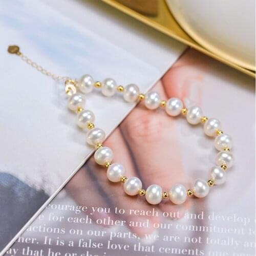 Natrual Round Freshwater Pearl Charm Bracelet For Women,Real 18k Yellow Gold Strand Bracelet Baby Girl Gift