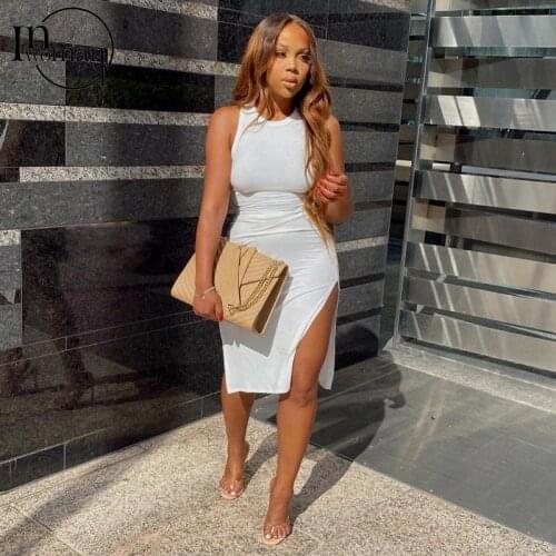 INWOMAN Summer Sexy Bodycon Dresses For Women 2021 Sundress Black White Dress Ribbed Knitted Short Wrap Party Ladies Midi Dress