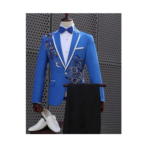 Blue singer star style stage slim clothing for men groom suit set with pants 2020 mens wedding suits costume formal dress tie