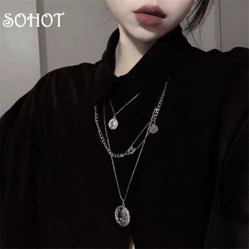 SOHOT Retro Silver Color Multilayer Long Chain Sweater Unisex Pendant Necklace Trendy Medal Dangle Charm Jewelry BIjoux