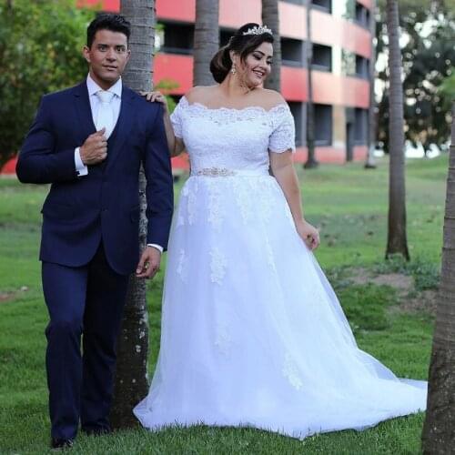 2020 Off Shoulder Plus Size Wedding Gowns Short Sleeves A-Line Bridal Gowns lace-up Custom Made Sweep Train Wedding Dresses