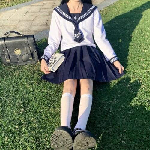 Women Spring Autumn Soft Girl Japanese Cute Preppy Style Sailor Jk Uniform Outfit Kawaii Long Sleeve Shirt Sweet Pleated Skirt