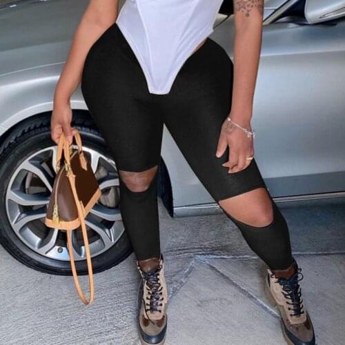 Women Sexy Hollow Out Skinny Stretch Pencil Pants High Waist Solid Hole Slim Fit Club Street Fashion Casual Basic Sport Trousers