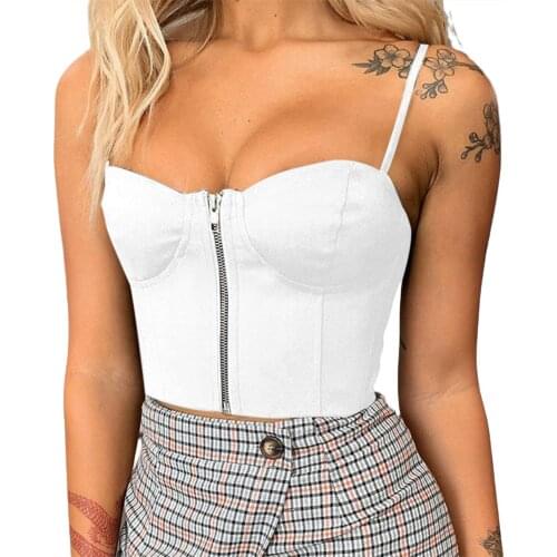 Womens Sexy Crop Cami Tops Sleeveless Spaghetti Strap Solid Color Zip Up Camisole