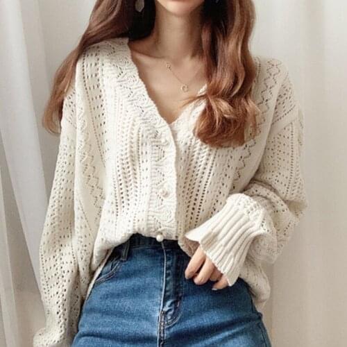 Autumn Korean Women V-Neck Knitted Hollow Out Sweaters Loose Cardigan Single Breasted Long Sleeve Tops Casual Sueter Female
