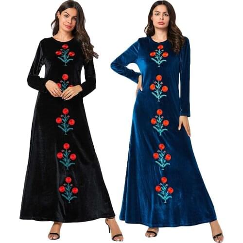 Muslim Women Velvet Embroidery Abaya Long Dress Robe Dubai Islamic Kaftan Jilbab Arab Gown O-neck Long Sleeve Dress 2019 Fashion