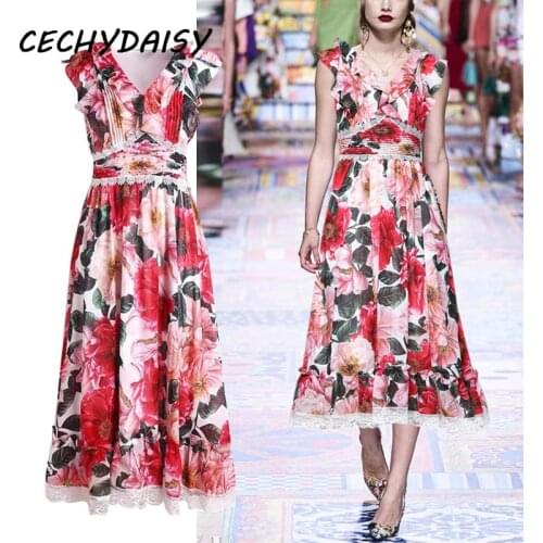 Runway Fashion Dress Women High Street Sexy V-Neck Floral Printed Elegant Designer Brand Midi Dresses Plus Size Women Clothing