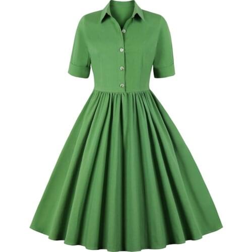 2021 Turn down Collar Button Up Vintage Pleated Shirt Dress 40s 50s 60s Women Half Sleeve Solid Elegant Office Ladies Dresses