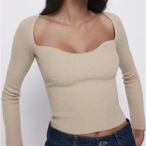 ZXQJ Women 2021 Fashion Stretch Slim Cropped Knitted Sweater Vintage Heart-shaped Collar Long Sleeve Female Pullovers Chic Tops