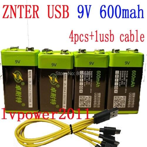 4X ZNTER S19 9V 600mAh not 9v 400mah USB Rechargeable li-ion 9V Lipo Battery RC Battery For microphone