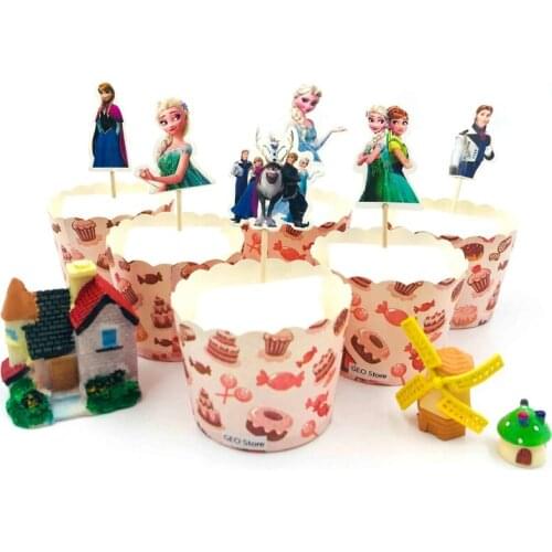 24pcs Anne And Elsa Cupcake Toppers Happy Birthday Cake Topper Baking DIY Accessory Cake Flags Sticker Decor Banner Card