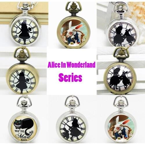 New Alice in Wonderland w/ Rabbit Quartz Pocket Watch Necklace with mirror inside, 12pcs/lot, free ship