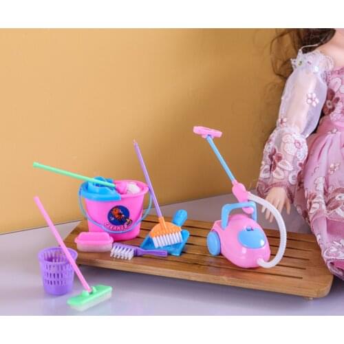 Doll Accessories Mini Broom Mop Trash Can Household Cleaning Tools For Barbie Doll house Kids Educational Toy 9pcs /set
