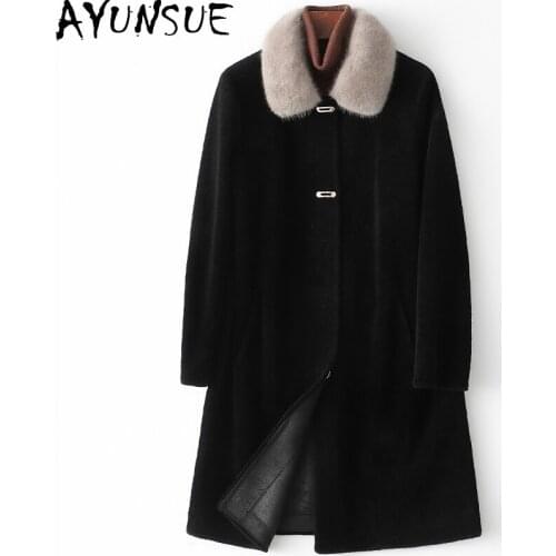 AYUNSUE 100% Mink Fur Collar Coat Female Winter 2021 Sheep Shearling Coats Women Real Wool Jacket Elegant Casaco Feminino Gxy198