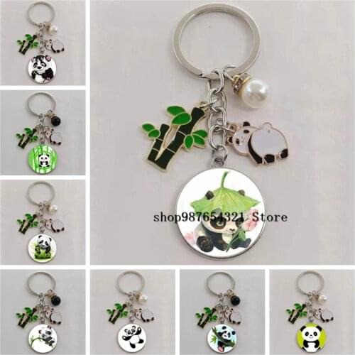 Cute Cartoon Panda Keychain Panda Alloy Accessories Keychain Glass Cabochon Pendant Keychain Same Style Men and Women