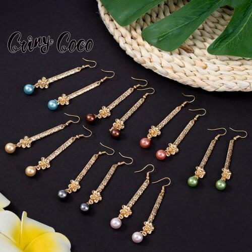 Cring Coco Hawaiian Drop Earrings Fashion Colorful Pearl Plumeria Polynesian Samoa Gold Plated Jewelry Dangle Earring for Women