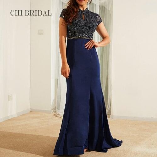 Elegant Dark Blue Evening Dress Sexy Hollowed Out Chest Luxury Hand Designed Tailed Dress WomenS Party Evening Dress