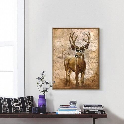 HAOCHU Frameless Deer Animals Drawing Retro Picture Painting On Canvas for Home Decoration Unique Wall Artwork Cuadros